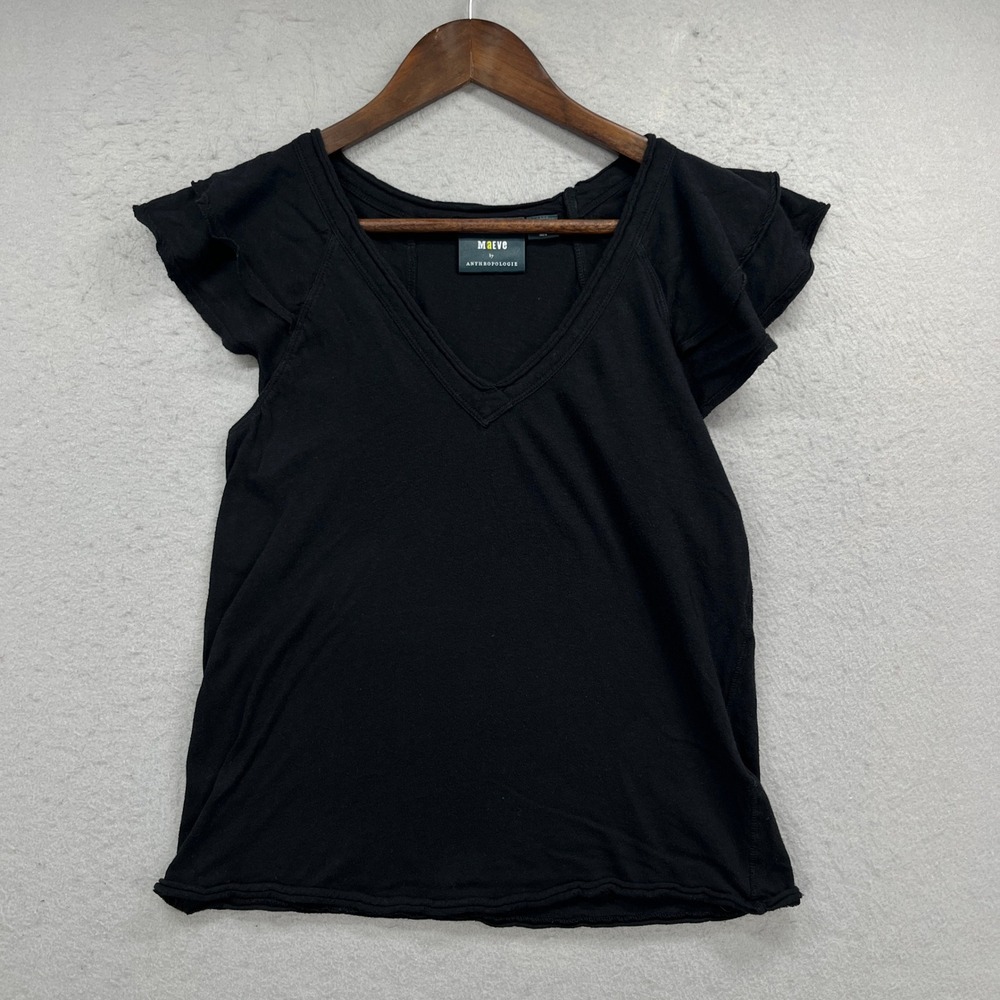 Anthropologie Maeve Top Womens Small Black Ruffle Sleeve V-Neck Cotton Boho Chic
